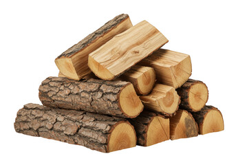 Pile of cut firewood logs isolated on transparent background for rustic and cozy decor