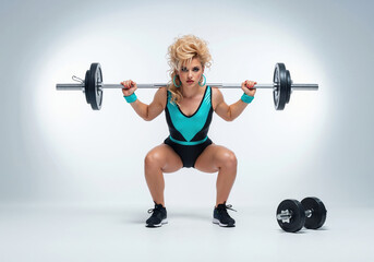 Woman in turquoise fitness outfit performing squat with barbell on white studio background. Strength training exercise demonstration for workout tutorials and gym equipment marketing