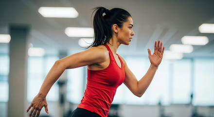 Woman in red sports top running at modern fitness center with focused expression. Cardio training and endurance exercise for gym membership campaigns and athletic wear promotions