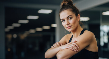 Woman with crossed arms smiling confidently at modern gym facility with blurred equipment background. Fitness confidence and membership success for gym advertising and personal training promotions