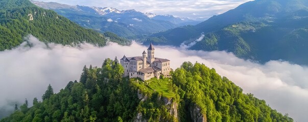 A stunning aerial view of a castle atop a lush green mountain, surrounded by clouds and distant mountains, creating a mystical and serene landscape.