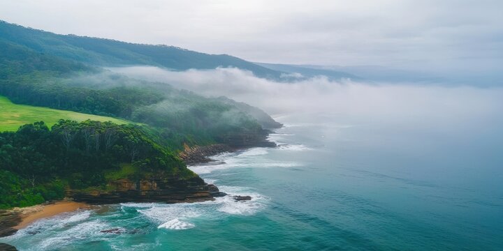 A serene coastal landscape featuring misty mountains, lush greenery, and gentle waves lapping against rocky shores.