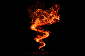 Spiral vortex of realistic fire flames twisting upward with glowing orange red and yellow tones on black background
