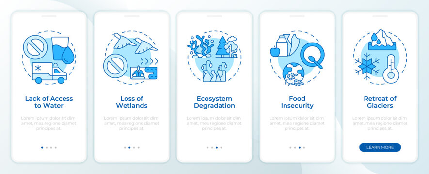 Impact of water crisis blue onboarding mobile app screen. Environment. Walkthrough 5 steps editable graphic instructions with linear concepts. UI, UX, GUI. Montserrat SemiBold, Regular fonts used