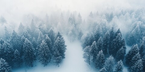 Fototapeta premium A serene winter landscape featuring snow-covered evergreen trees shrouded in a misty atmosphere, creating a tranquil and ethereal scene.