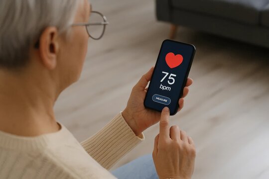 Mature woman using smartphone heart rate app at home, measuring pulse with mobile sensor, digital health monitoring concept.