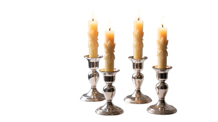 Four Lit Candles in Silver Candle Holders on Transparent Background