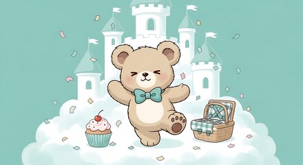 Enchanting celebration with cheerful teddy bear castle picnic and cupcake joy