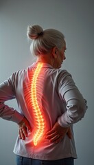 Elderly woman experiences severe spine pain, visualized with glowing red spinal column indicating discomfort. Focus on age-related ailments like osteoporosis, backache, requiring healthcare, therapy,