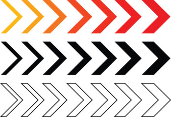 Set of Directional Arrows in Yellow Orange Red Black and Outline chevron forward