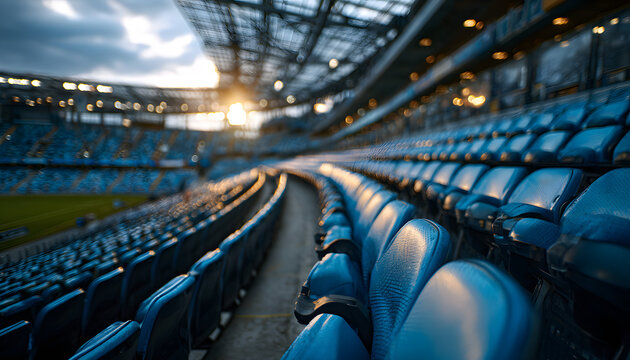 Rows of empty blue stadium seats in VIP area. Arena seating for football match or soccer game. Spectators await event in comfortable, exclusive luxury venue.