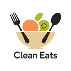 Healthy food logo concept with fruit bowl and cutlery