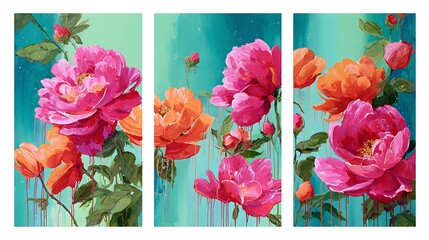 Obraz premium Vibrant triptych of pink and orange peonies with green background