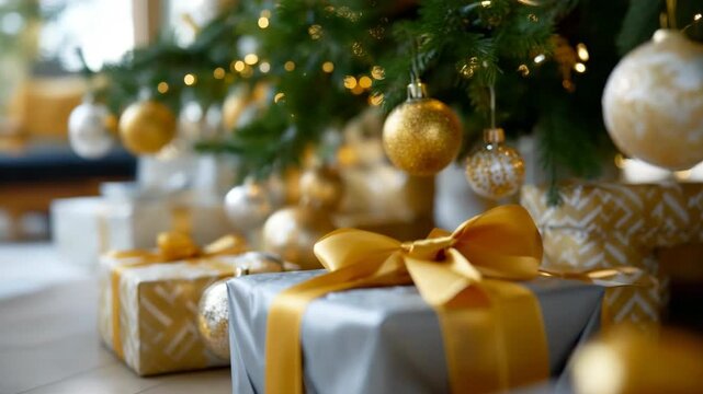 Festive christmas scene with gold and silver wrapped presents under decorated tree