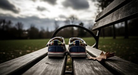 pair of colorful children’s shoes placed neatly on a wooden park bench, captured in a moody autumn atmosphere