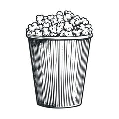 Detailed black and white popcorn sketch in striped bucket