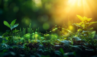 Graphical representation of a rising stock market trend line superimposed on a serene natural backdrop, symbolizing the balance between economic growth and environmental, Generative AI