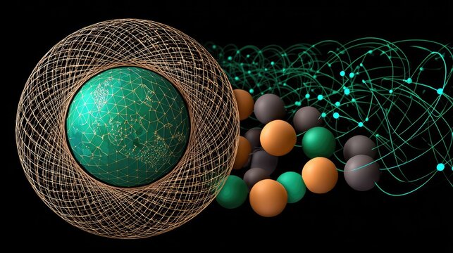 Networked globe surrounded by interconnected spheres. - Powered by Adobe