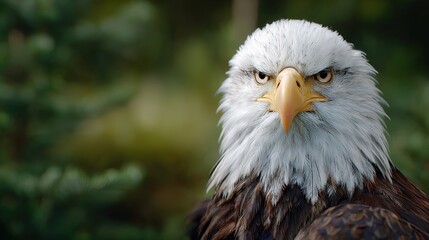 Obraz premium Close up portrait of bald eagle with piercing eyes and sharp beak against blurred green forest background