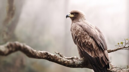 Fototapeta premium Majestic eagle perched on mossy branch in foggy forest landscape bird