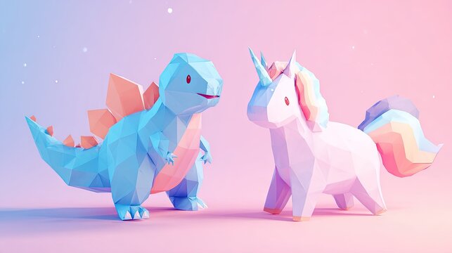 Low-poly dinosaur and unicorn on a pastel background. - Powered by Adobe