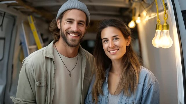 Couple Renovating a Camper Van in Soft Ambient Light