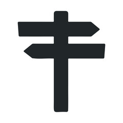 Black iconic road sign silhouette on white background indicating directional choices