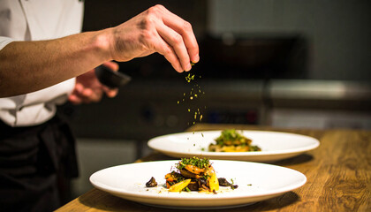 Skilled chef in white uniform garnishing a dish with fresh herbs, captured in dramatic lighting with copy space for culinary concepts.