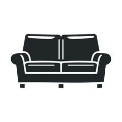 Minimalist black sofa icon illustration with white outline for modern interiors