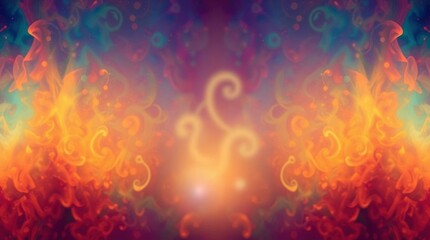 Abstract swirls of orange red and yellow set against a blurred purple and blue background with a central indistinct swirling shape