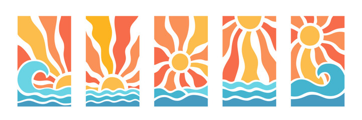 Sun rays and sea beach psychedelic background. Wavy rays in boho groovy style. Abstract yellow sun burst poster. Nature texture. 70s, 80s design. Vector illustration isolated on white background.