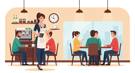 Animated Scene in a Coffee Shop with Customers and a Waitress Serving Coffee