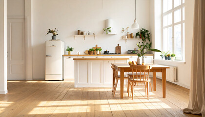 Bright minimalist kitchen interior with natural sunlight shining on a ceramic mug of latte placed on wooden table, perfect for lifestyle and home design.