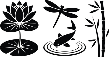 Asian nature illustration featuring a lotus flower koi fish and dragonfly silhouette