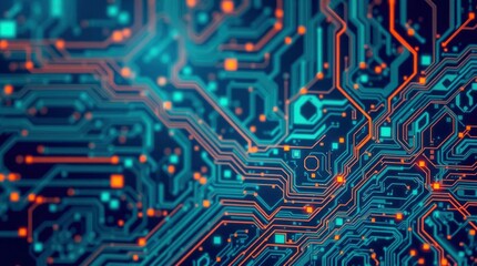 An abstract closeup of a circuit board with teal lines and orange points on a dark blue background