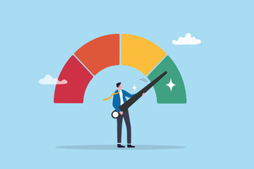 Risk control or employee performance measurement, rating evaluation level or efficiency score, quality analysis scale concept, businessman holding performance improvement or risk gauge indicator.