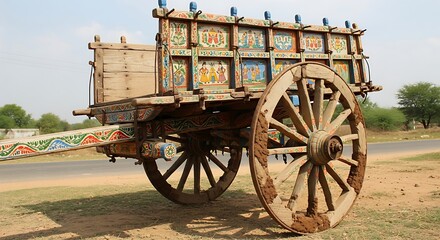 Obraz premium Vibrant Hand-Painted Indian Bullock Cart, Rustic Charm, Vivid Colors, Rural Landscape