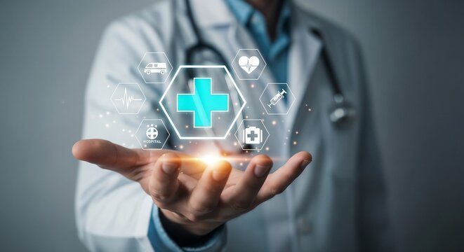 Male medicine doctor hold healthcare medical icons for the Health insurance concept in hospital background	
