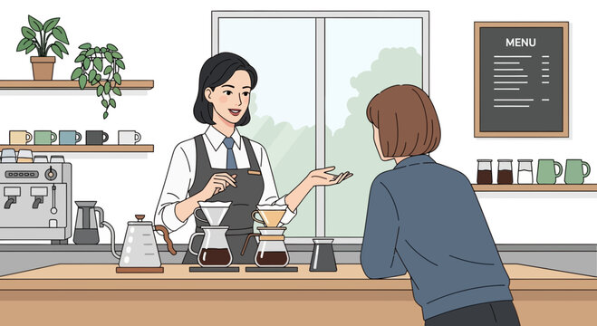 Engaging coffee shop scene with barista explaining pour-over brewing method