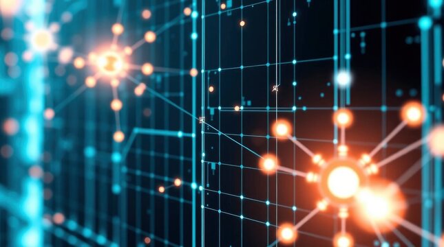 Blue grid with orange nodes connections complex tech or network