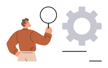Person holding magnifying glass inspecting a large gear symbolizing evaluation, research, and process improvement. Ideal for productivity, teamwork, analysis, strategy, innovation, optimization