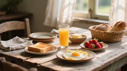 Fototapeta premium Rustic Farmhouse Breakfast: Sunny Egg, Toast, Strawberries, and Orange Juice