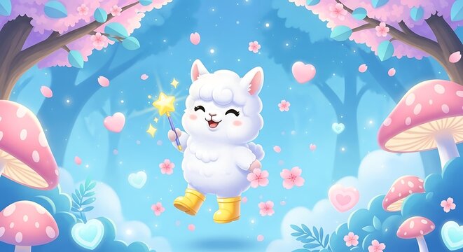 Enchanting forest escapade a whimsical alpaca with magic wand amidst mushroom delight