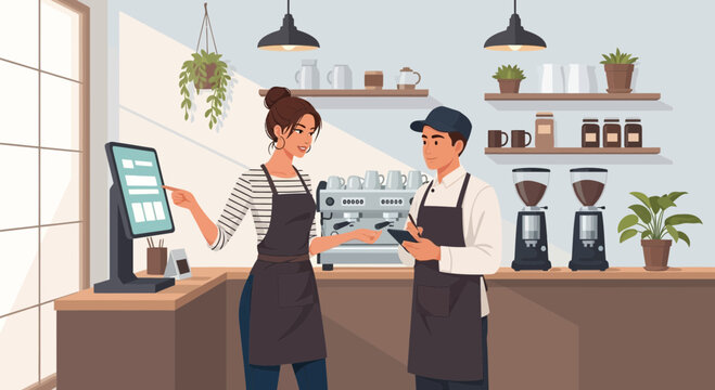 Modern cafe interaction, baristas taking orders with digital technology integration