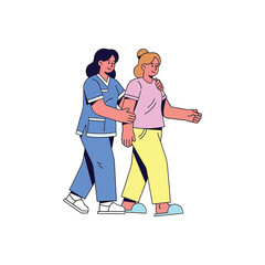 A nurse is assisting a patient with walking, providing care and support during recovery and rehabilitation