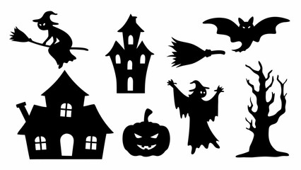 Silhouette image showing halloween elements including witch on broom, haunted houses, bat and pumpkin design