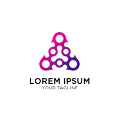 Fototapeta premium Abstract geometric molecular structure with vibrant pink and purple gradient colors forming a triangular shape representing technology and innovation