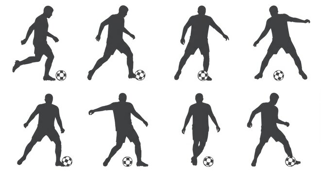 Collection of eight dynamic silhouette illustrations of a soccer player in various kicking and dribbling poses