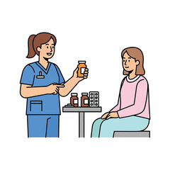 Nurse explaining medication to patient, providing medical treatment, healthcare service, and prescription information