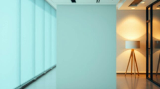 Blurred office space with blinds wall and a lamp near a glass partition